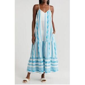 Elan Tulum Maxi Dress, Tiered, Blue White Aztec Print, Adjustable Straps, Sz XS